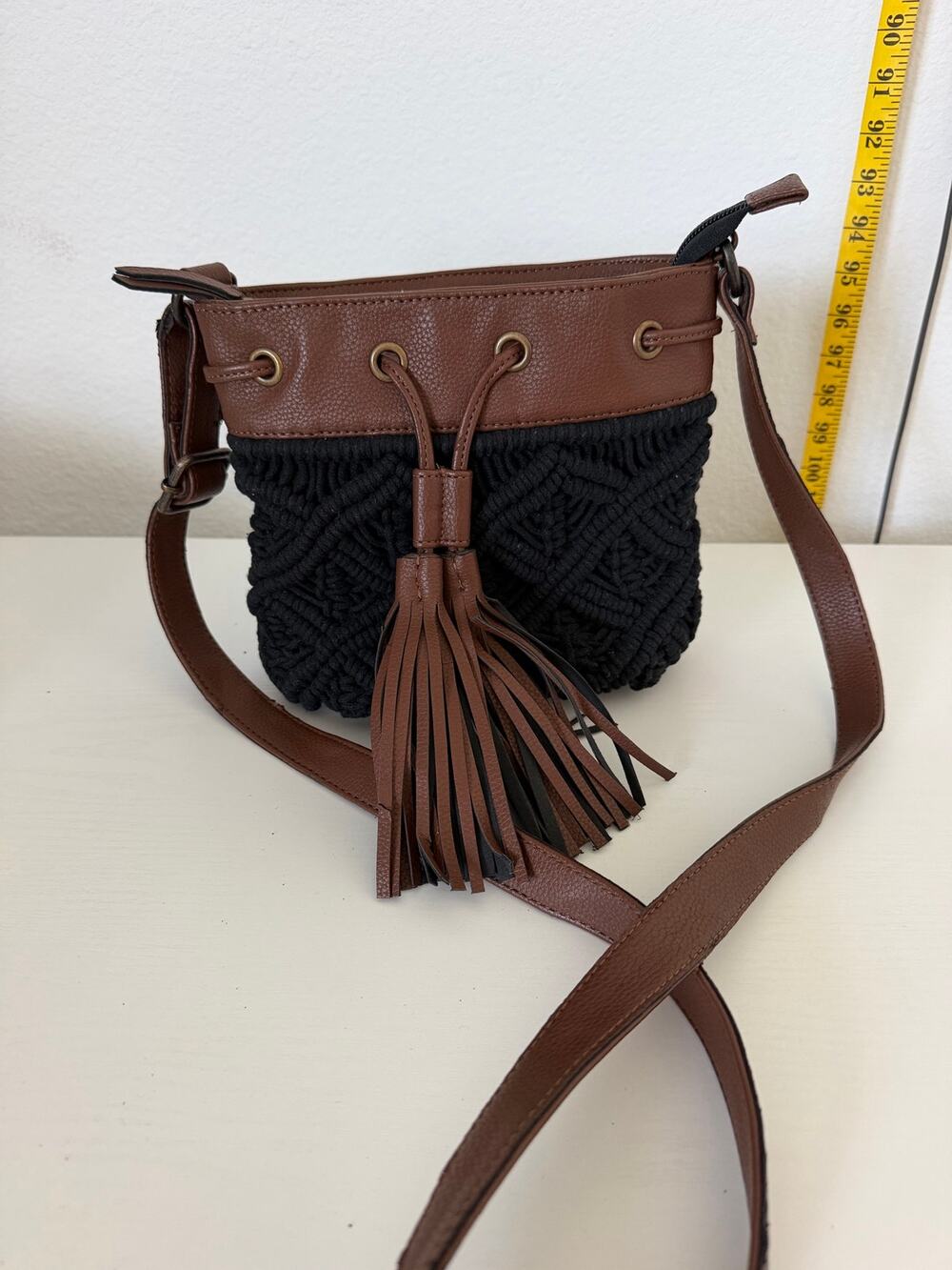 Noonday Collection Crossbody Black Macrame purse Tassel Brown straps small